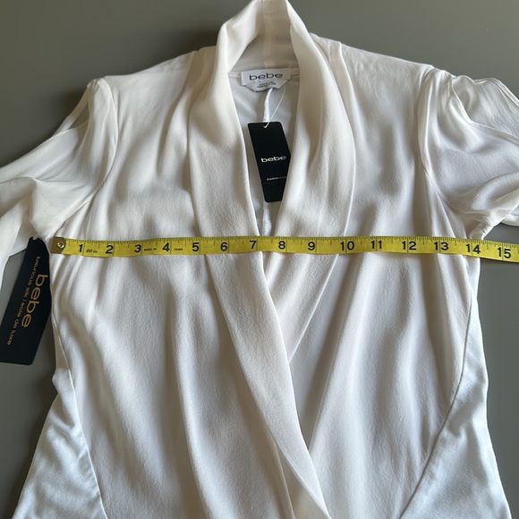 NWT Bebe Silk Wrap Bodysuit, cut-out long sleeves in white, size Small - Picture 4 of 16